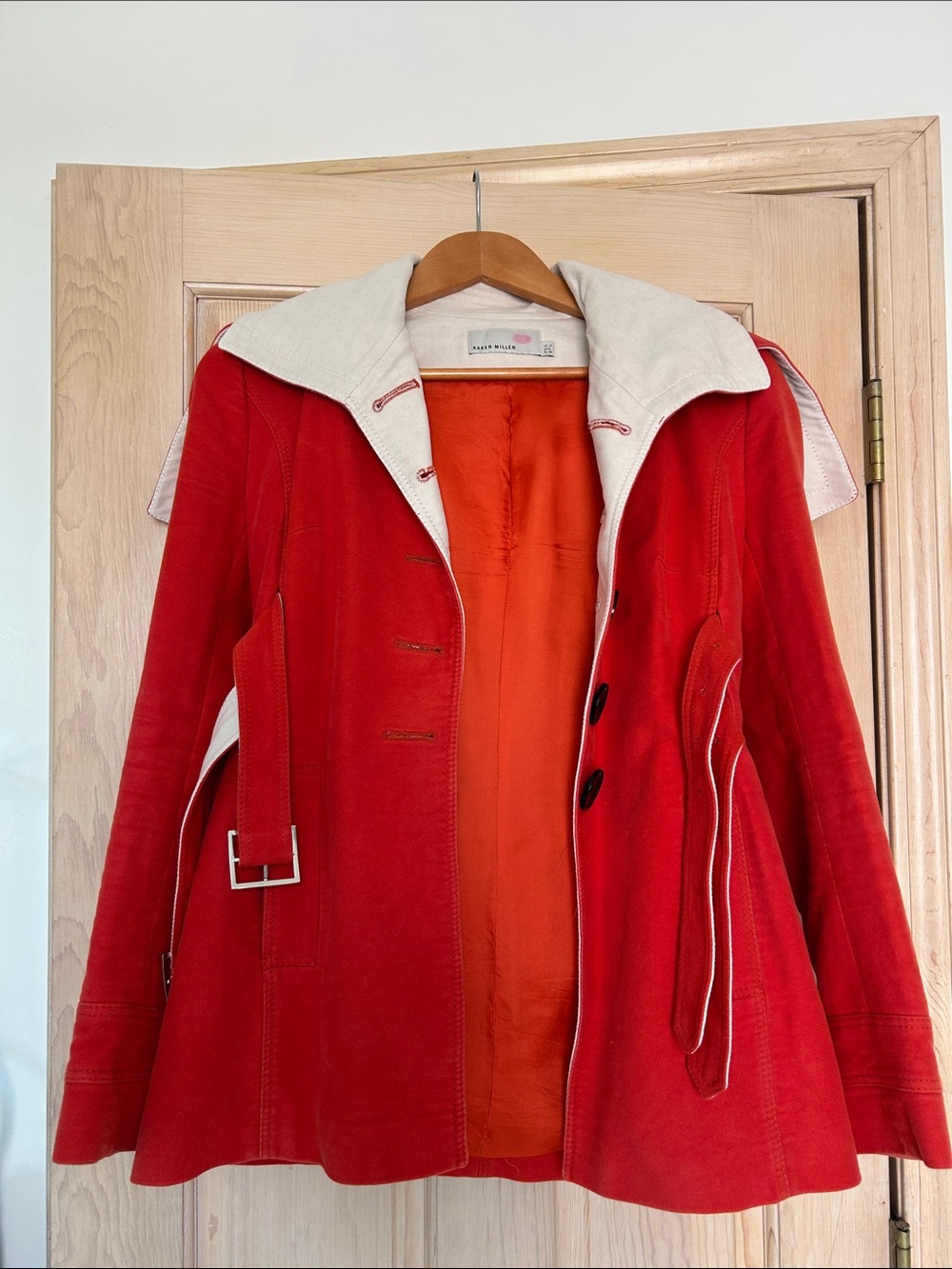 Karen Millen Red Trench Coat with Cream Collar